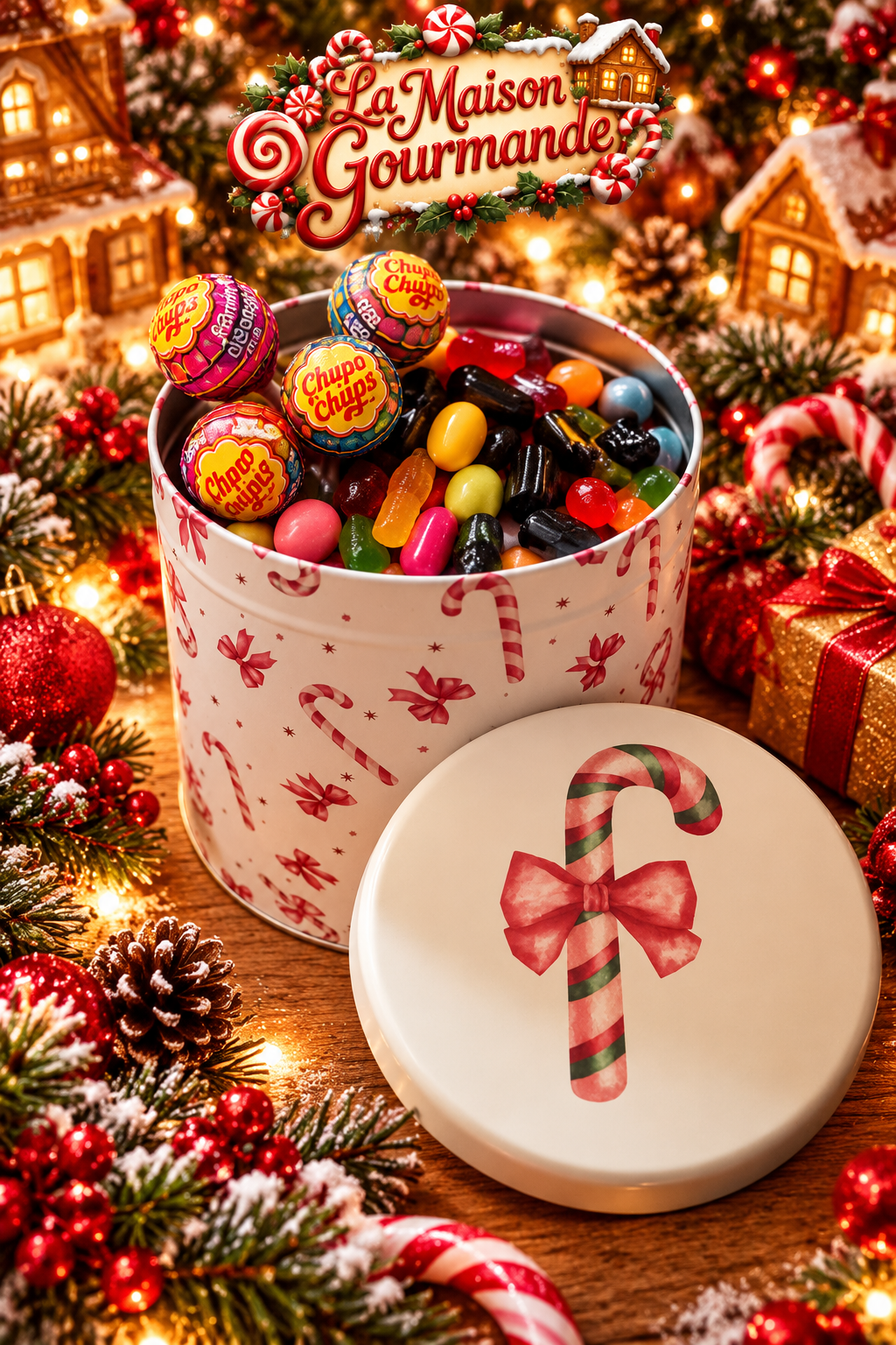 Boîte de Noël mélange 2kg de bonbons +4 sucettes