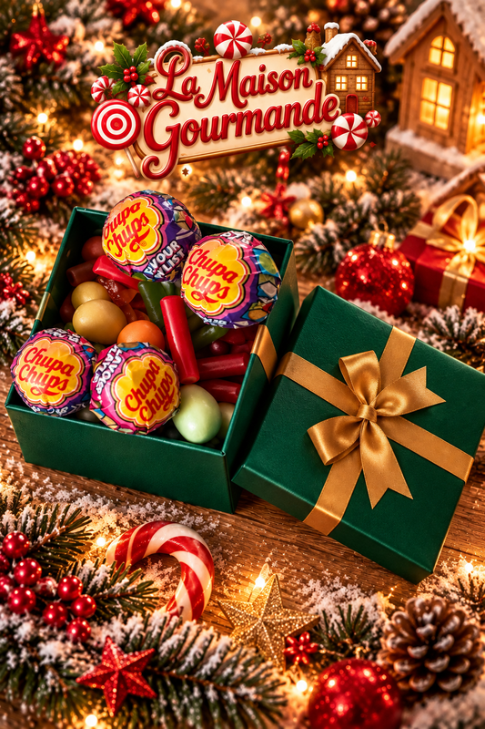 Boit de Noël vert mélangé 500grs de bonbons + 4 sucettes