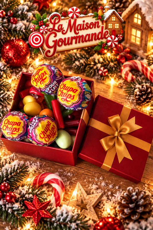 Boîte de Noël Rouge mélange 500grs de bonbon +4 sucettes