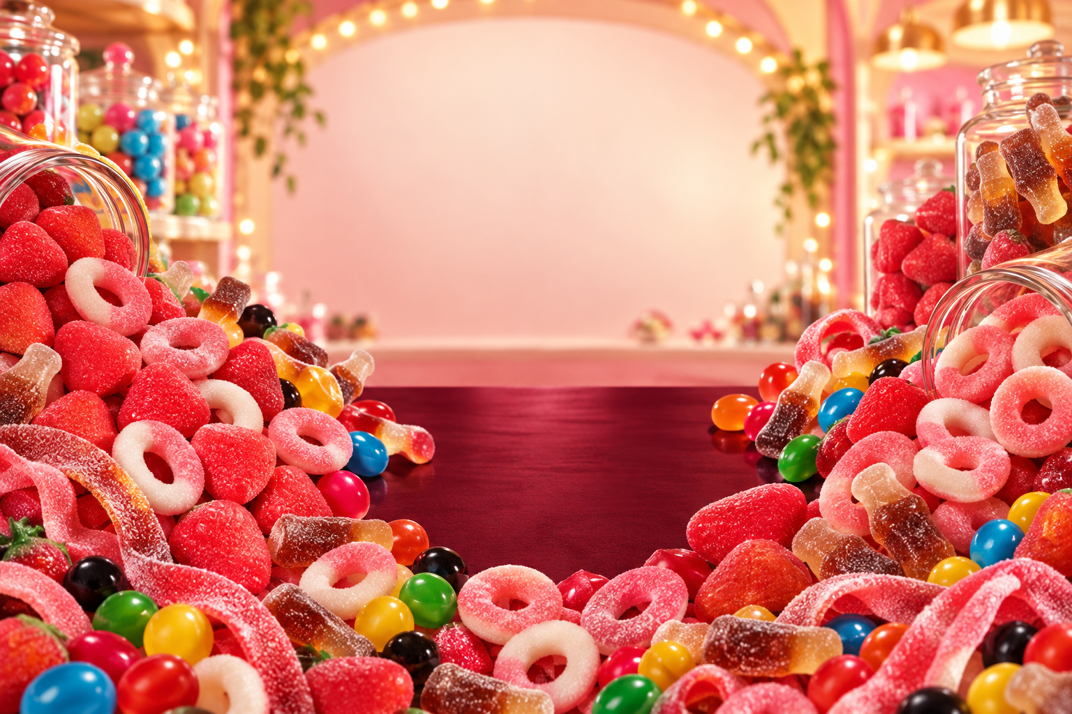 Composition colorée de bonbons de La Maison Gourmande dans une confiserie chaleureuse